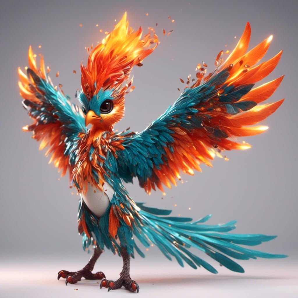 Cute Fiery Phoenix Bird with Childlike Features
