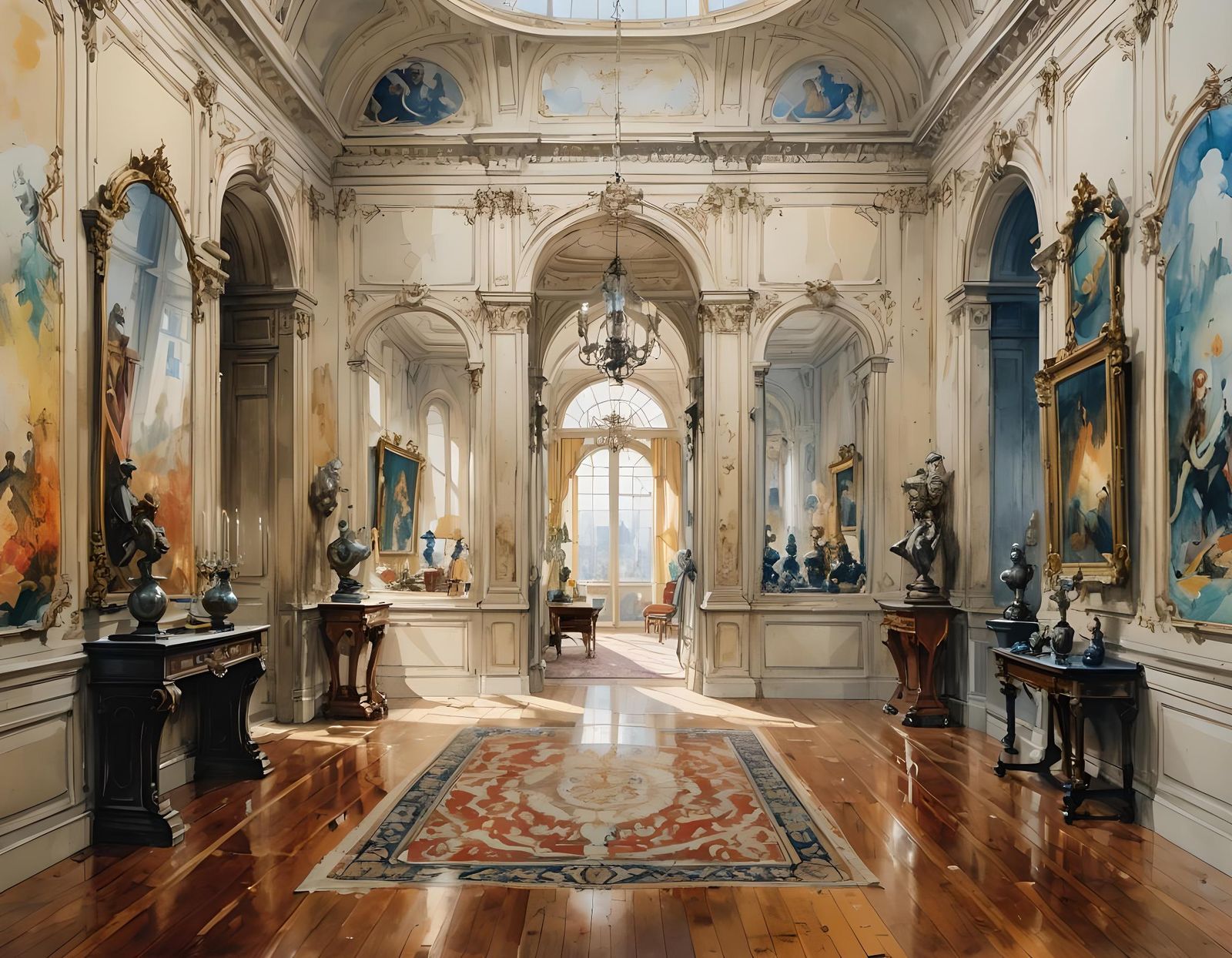 French Palace Great Hall: Watercolor Interior