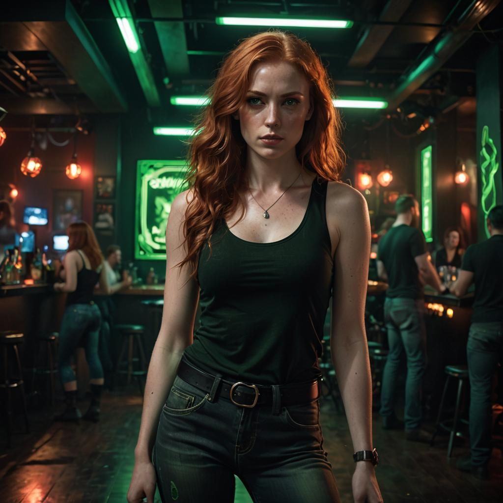 Nightclub Portrait of Redhead with Emerald Eyes