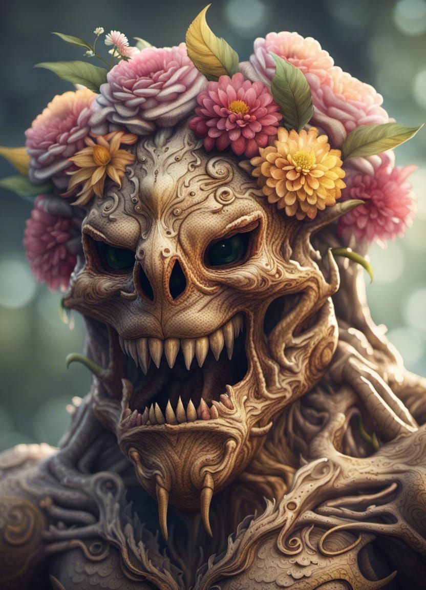 Excrement Monster with Flower Crown: Hyperdetailed Portrait