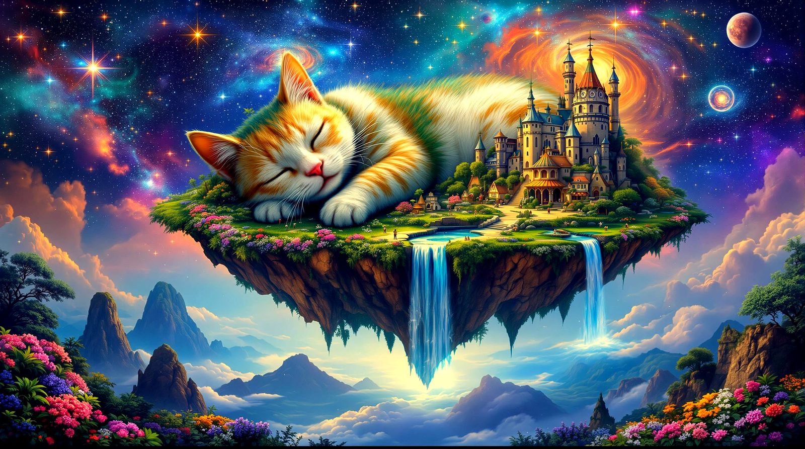 Fantasy Floating Cat Island with Waterfall in Galaxy Sky