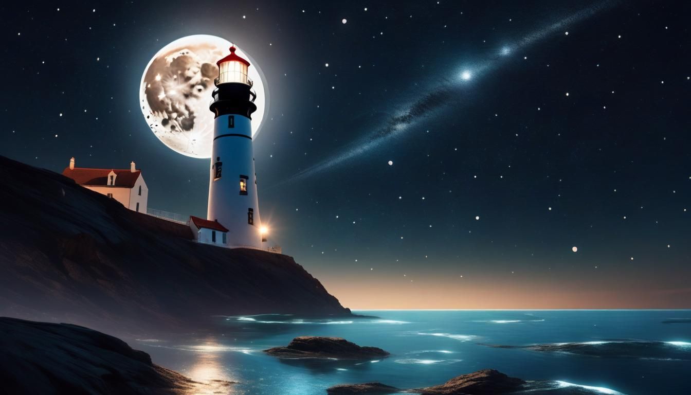 Lighthouse Floating in Space with Moon and Stars
