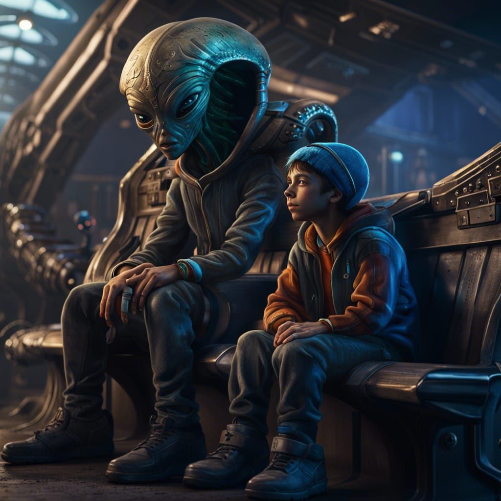 Boy and Alien Friend with FBI in Background