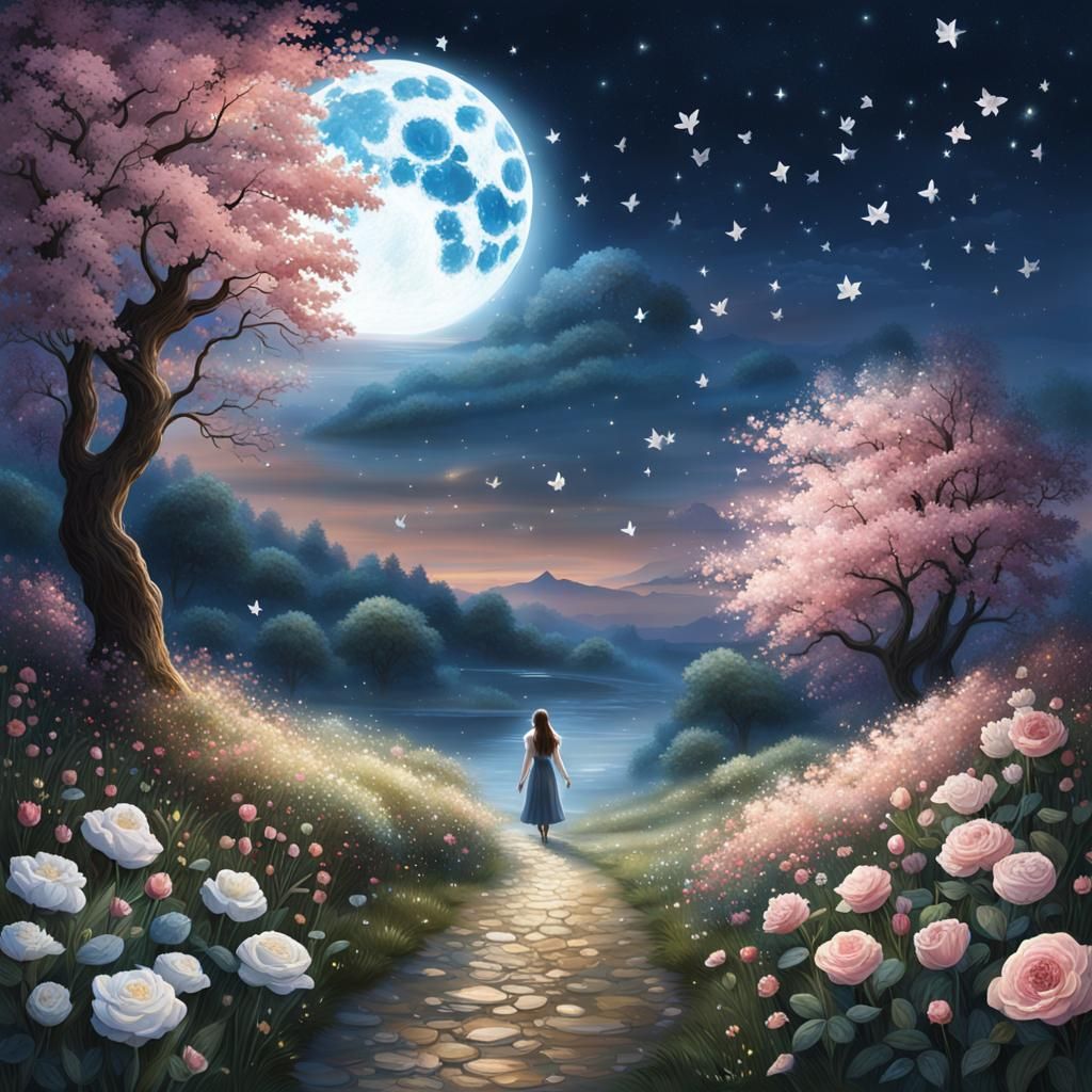 Luminous Spring Night Walk Under Starry Sky