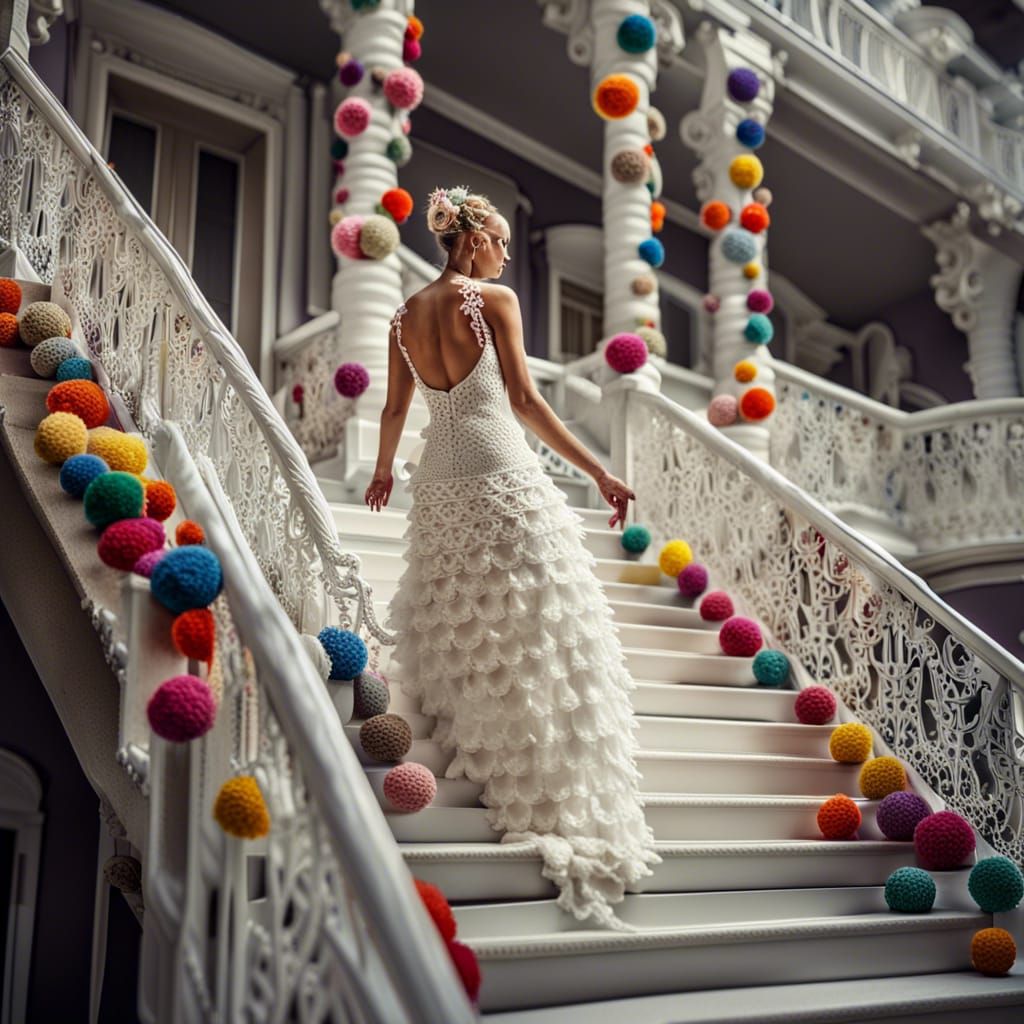 Brides big day in a crocheted wedding dress