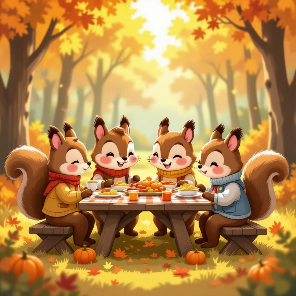 Cartoon Squirrels Thanksgiving Feast in Kawaii Style