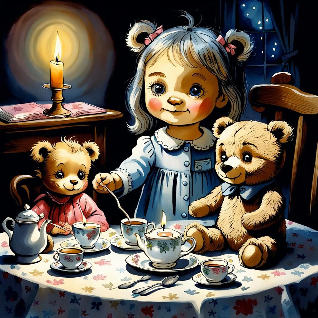 Candlelit Doll and Teddy Bear Tea Party