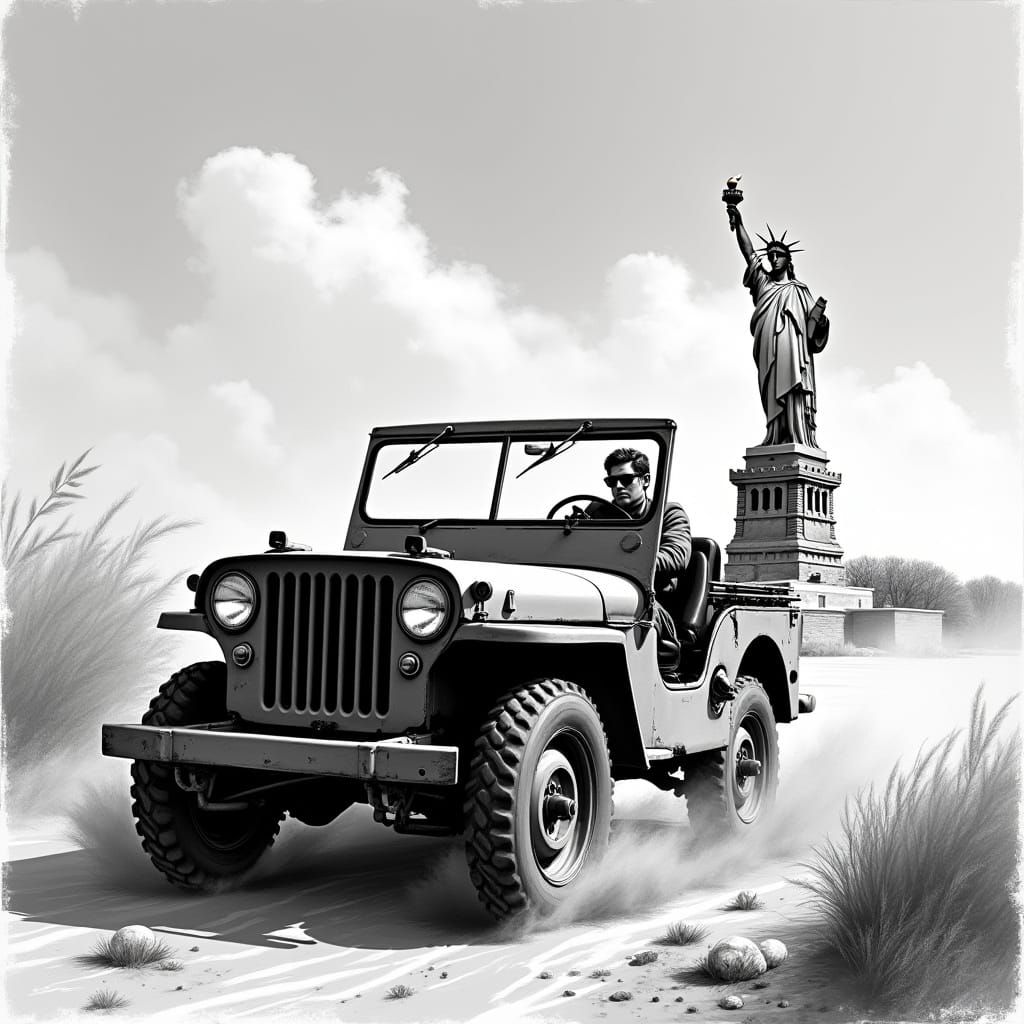 WWII Willys Jeep Races Past Statue of Liberty in Desert