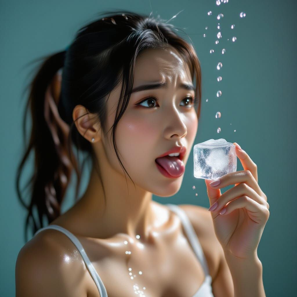 Worried Woman with Melting Ice Cube: 35mm Film Aesthetic