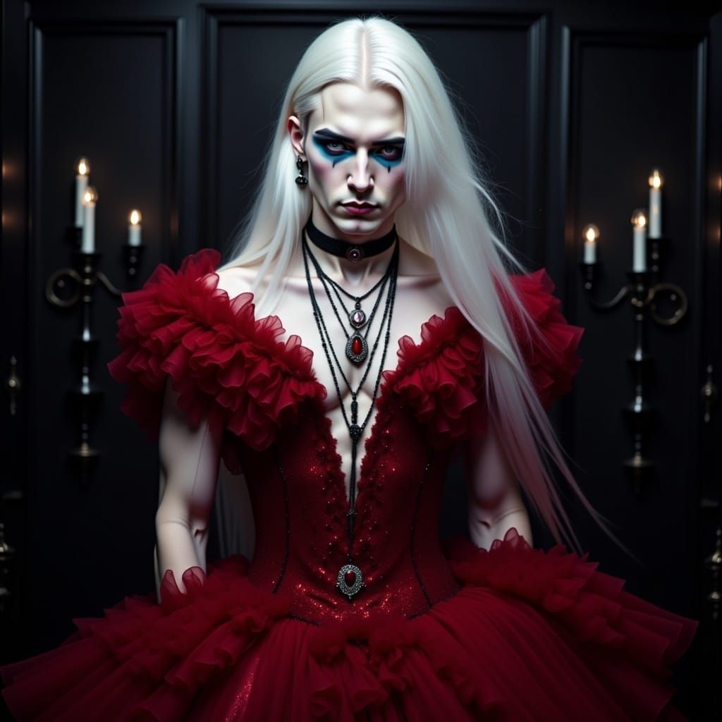 Gothic Man in Red Gown with Glittering Accents