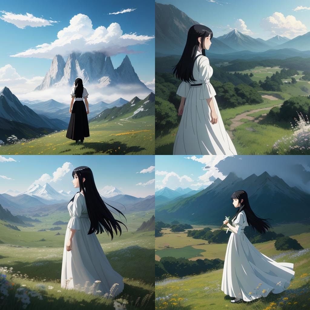 Anime Woman Creates Fire in Mountain Landscape