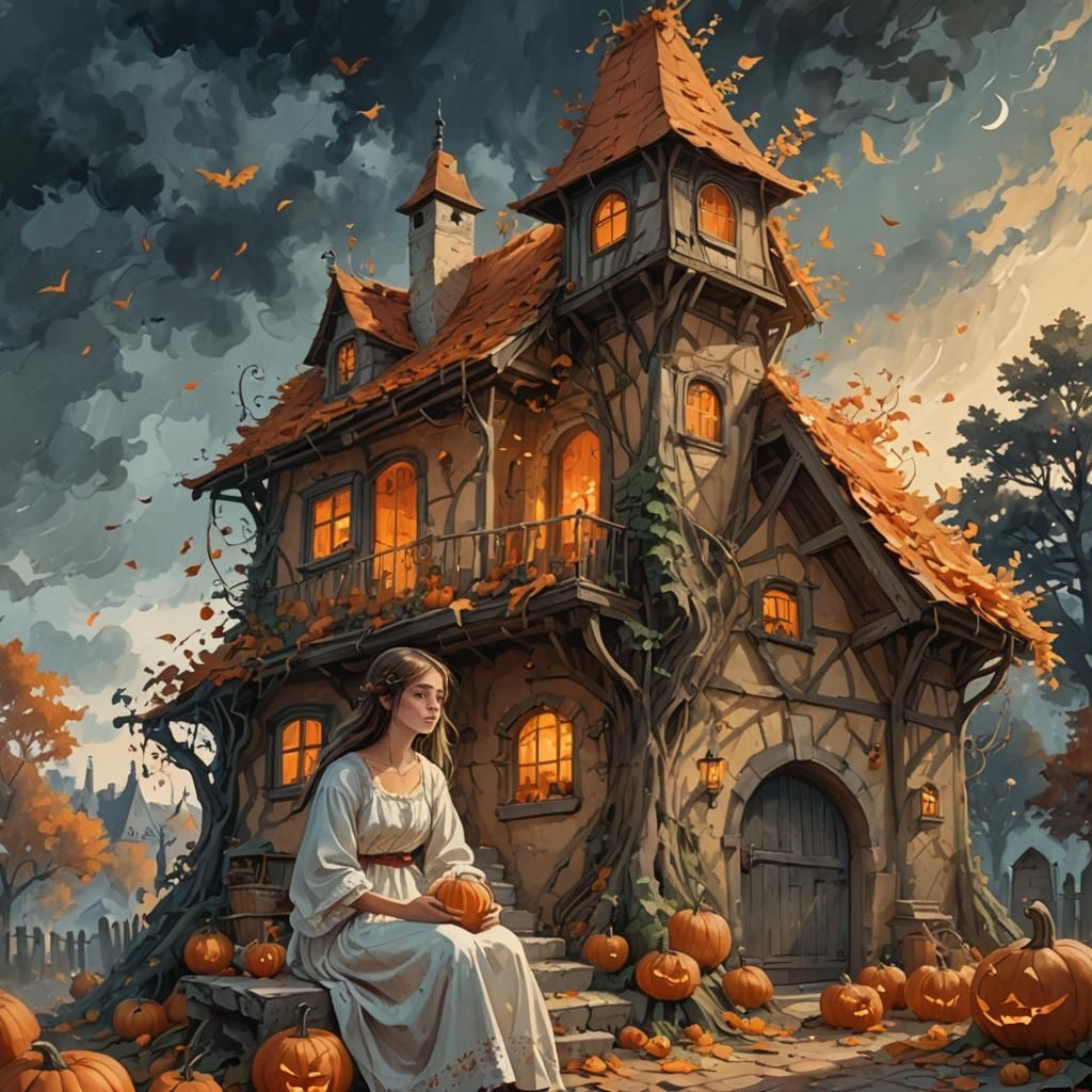 Girl in Front of Pumpkin House: Fantasy Illustration
