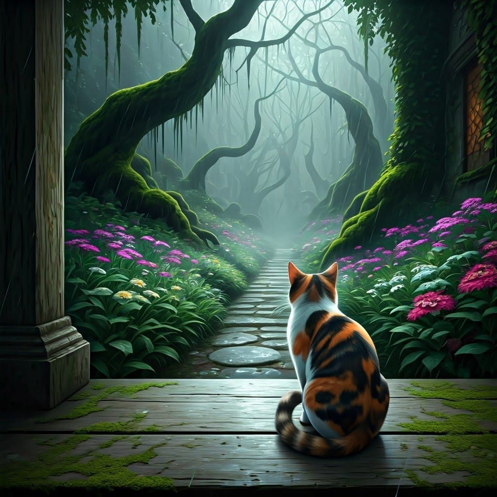 Whimsical Calico Cat on a Rainy Garden Cottage Porch