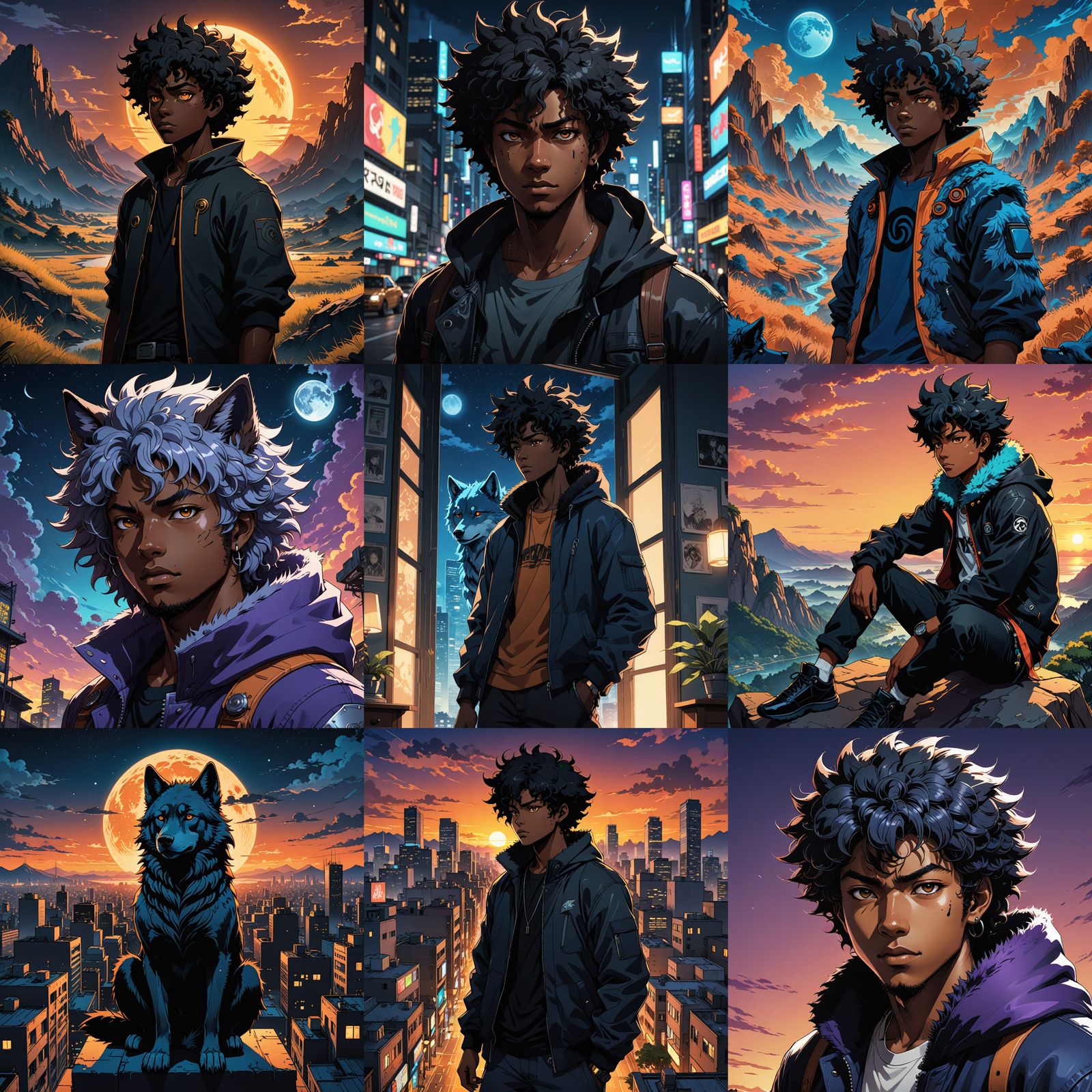 Cyberpunk-Inspired Teenage Wolf Boy with Afro
