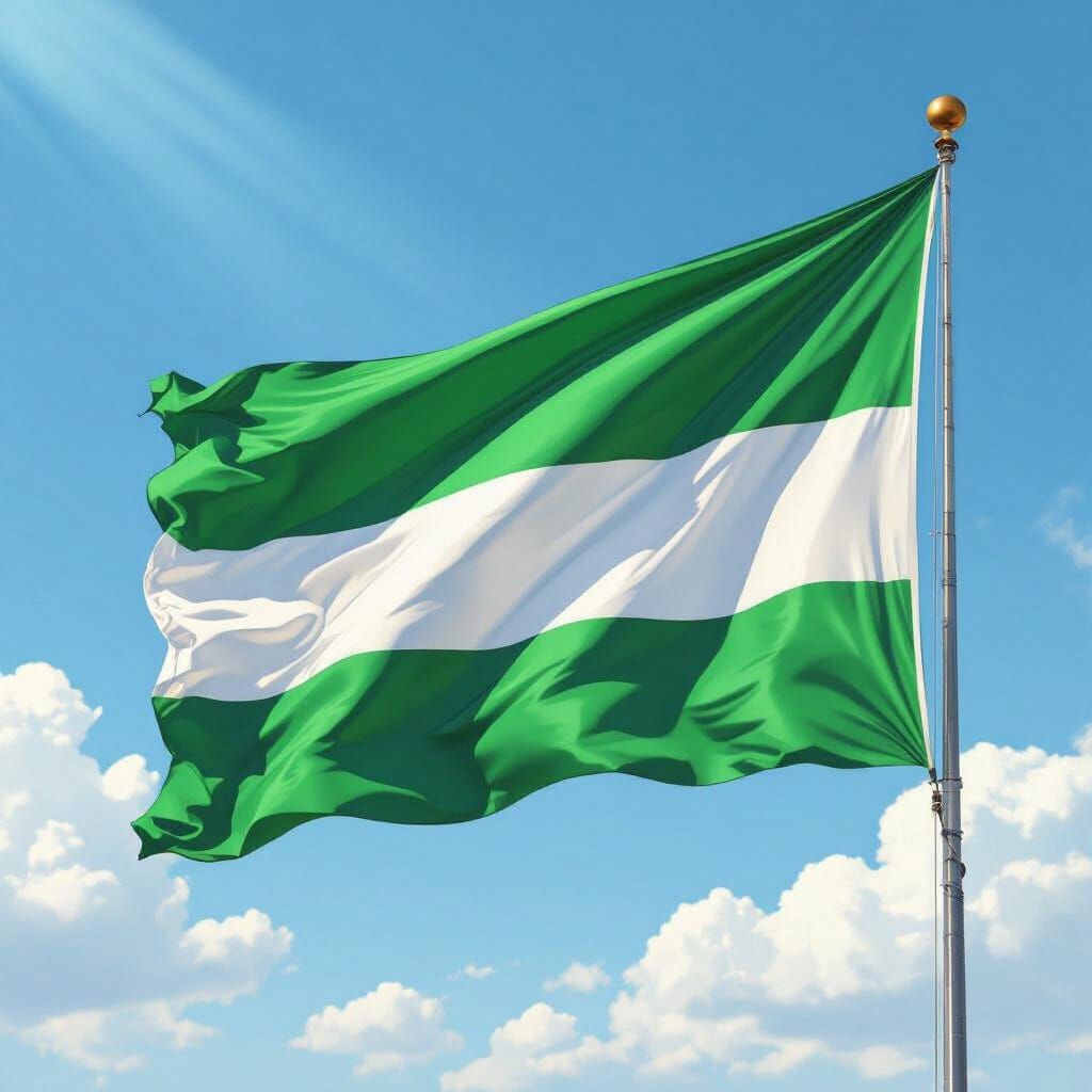 Nigerian Flag Fluttering in Bright Blue Sky