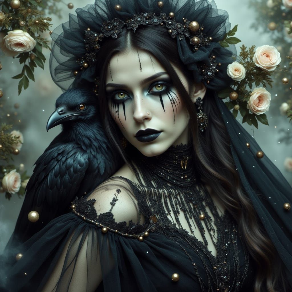 Victorian Mourning Woman with Raven in Romantic Style