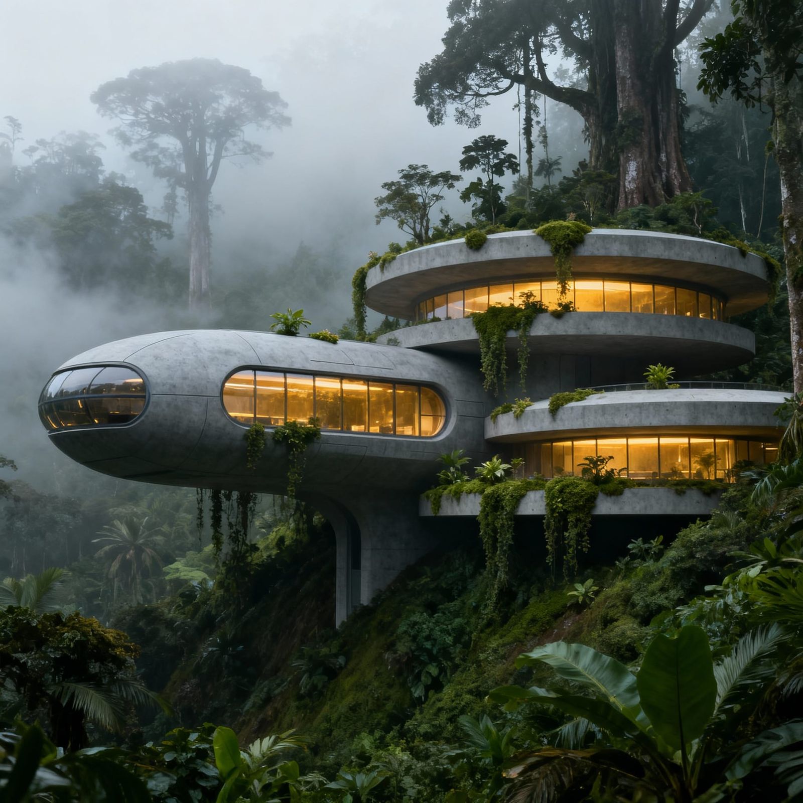 Futuristic Jungle Building in Cinematic Sci-Fi Style