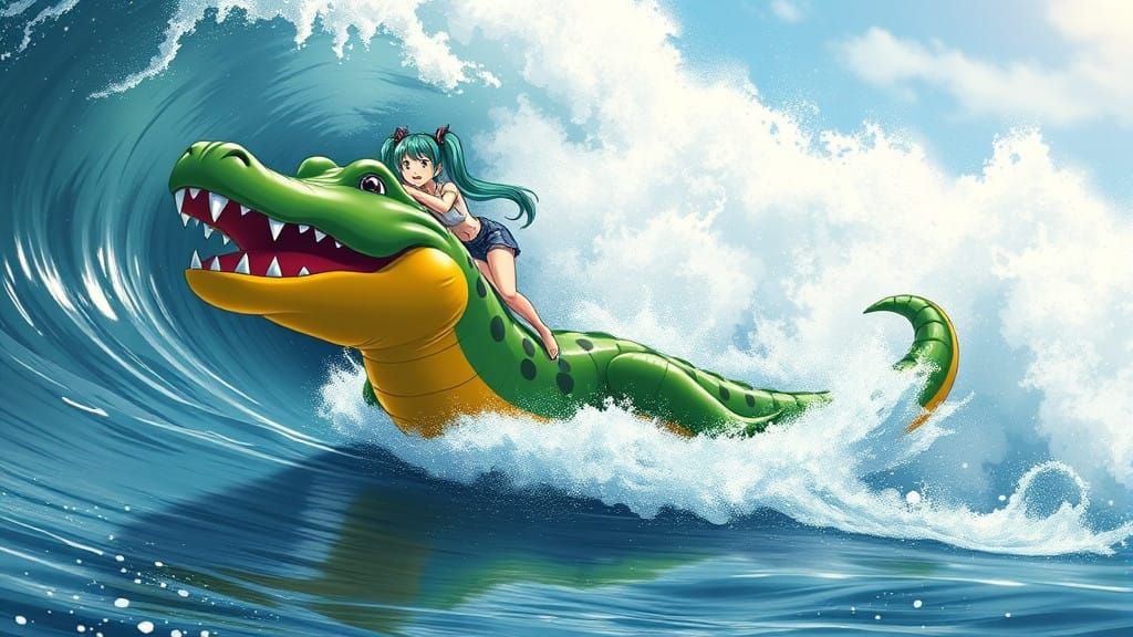 Anime-Style Alligator Pool Toy Rides Waves with Miku Hatsune