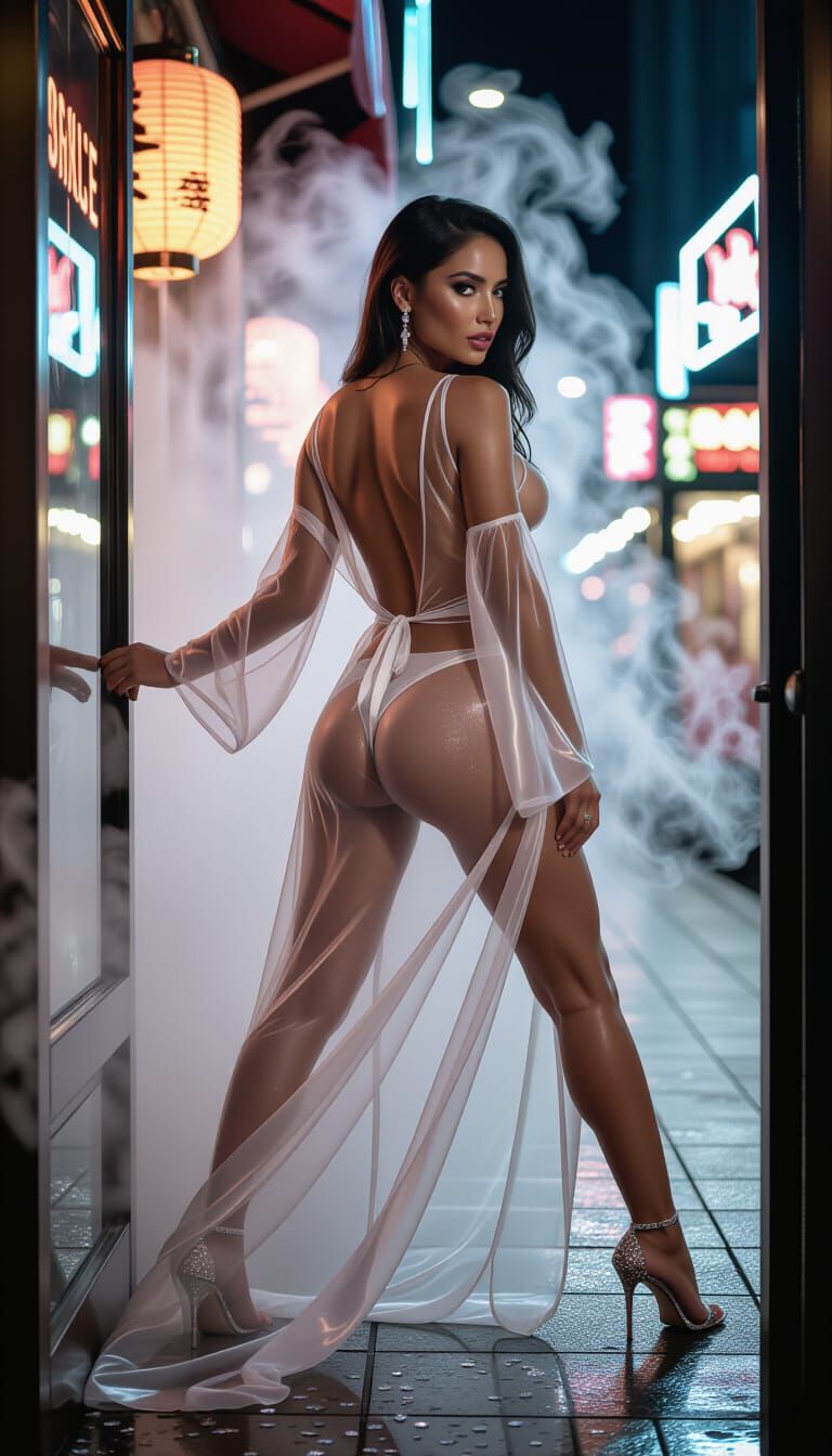 Latina in Silk Robe at Sauna Entrance