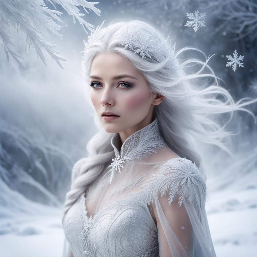 Ethereal Ice Queen in Frosty Glass Landscape