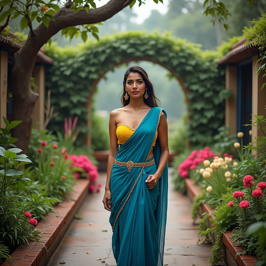 Vibrant Indian Saree Woman in Lush Terrace Garden