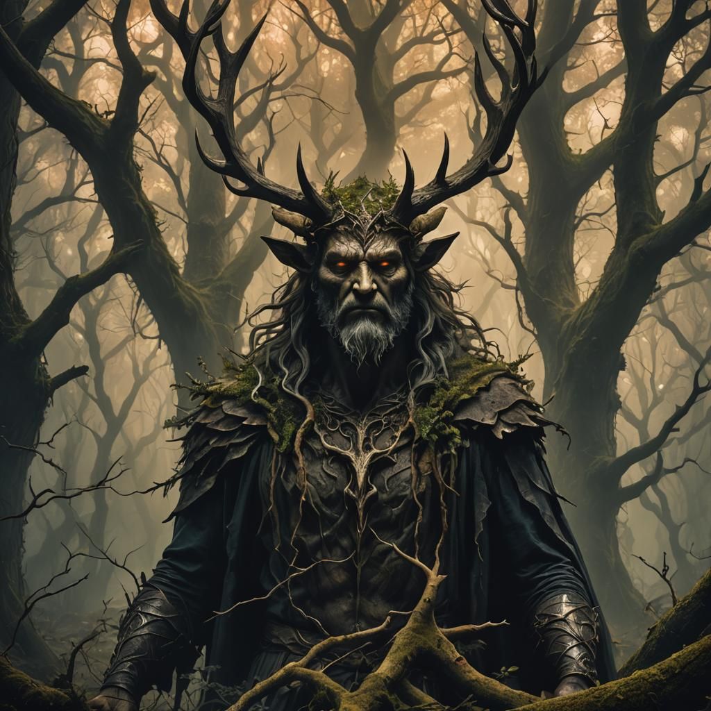 Horned God in Mythical Forest: Dark Fantasy Art
