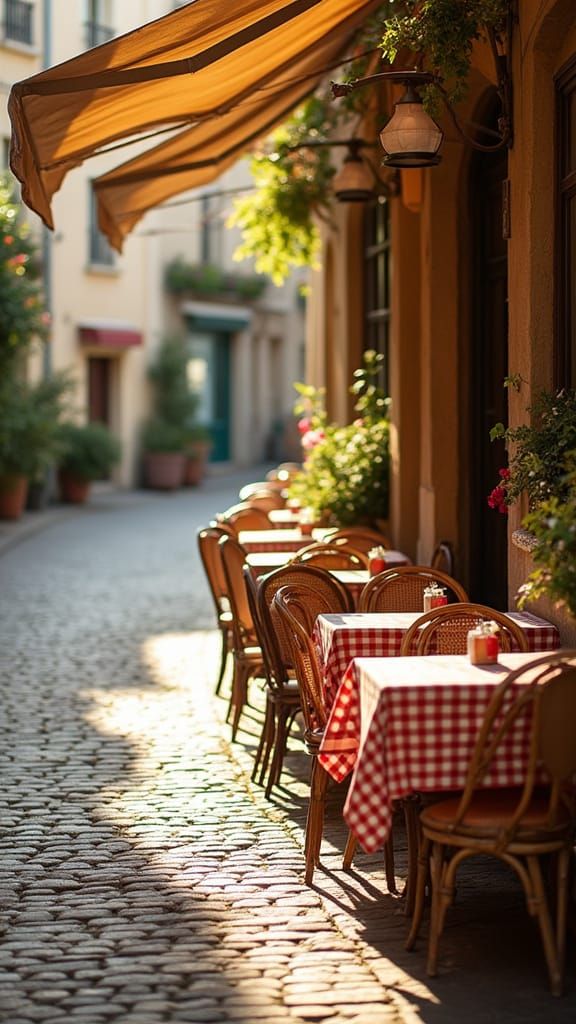French Café on Cobblestone Street in Warm Afternoon Light