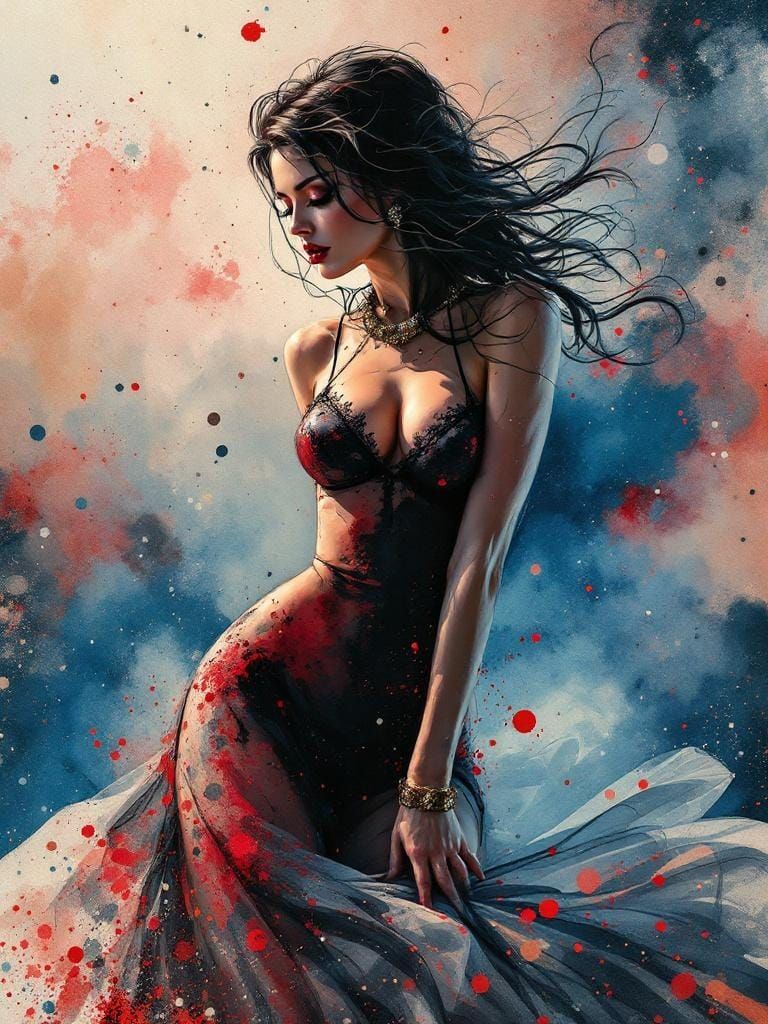 Whiskey Watercolor Pin-Up in Surrealist Style