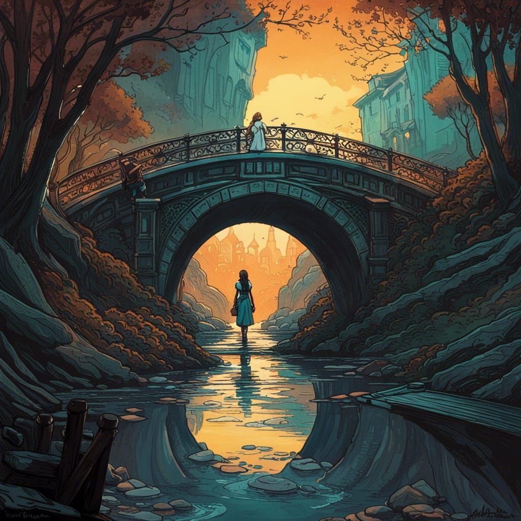 Cursed Bridge Crossing in Art Nouveau Style