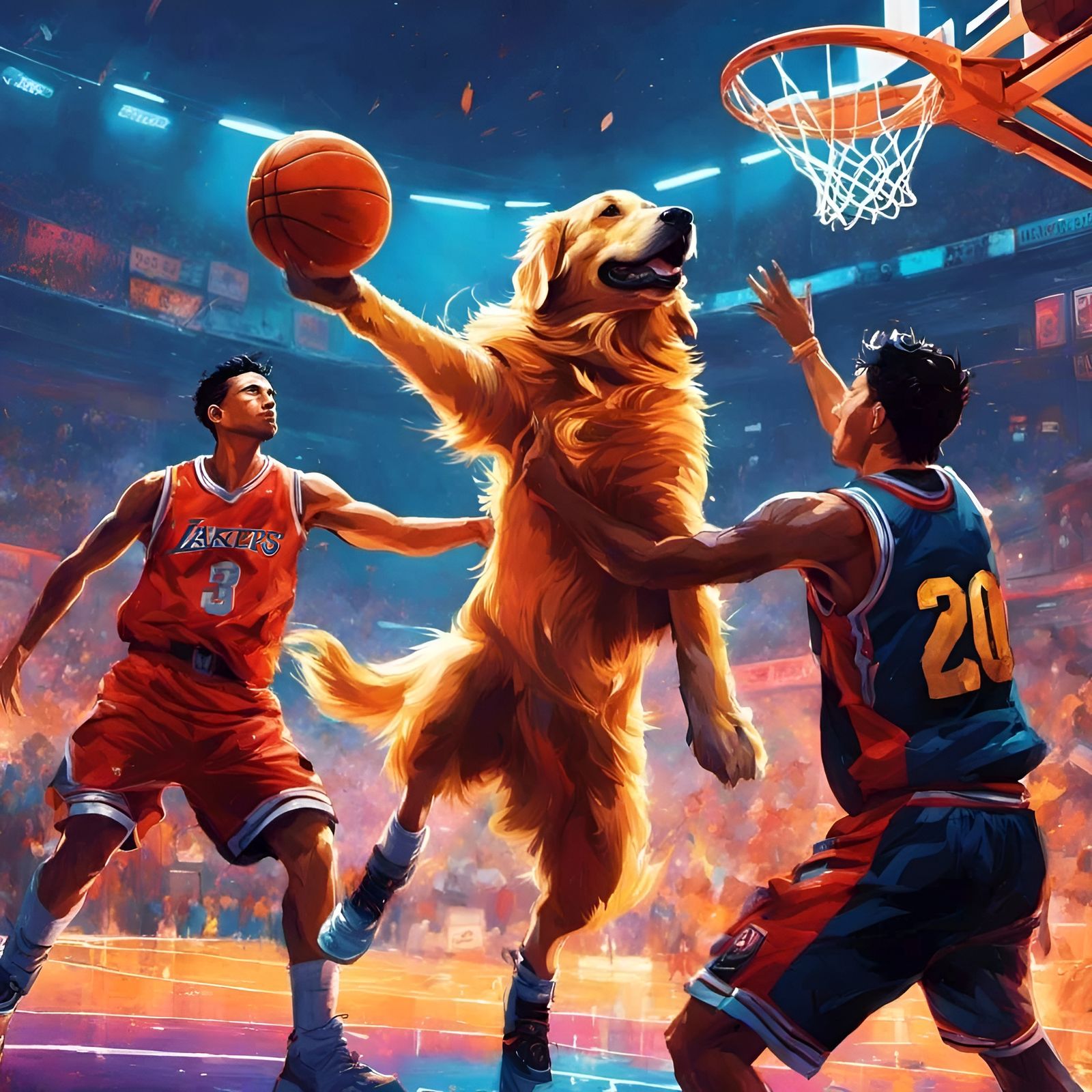 Golden Retrievers Play Basketball in Cinematic Portrait