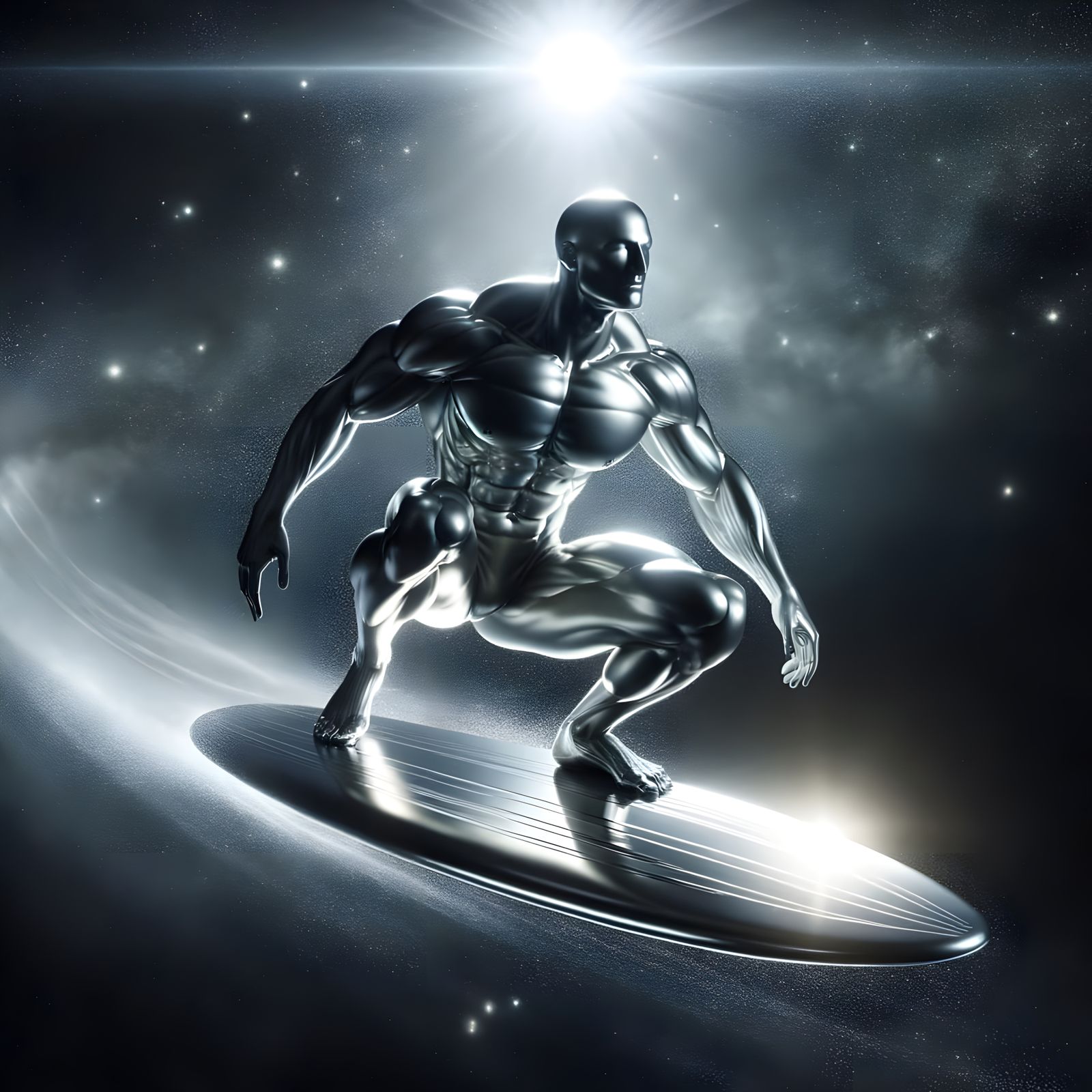 Silver Figure Rides Board Through Dark Space
