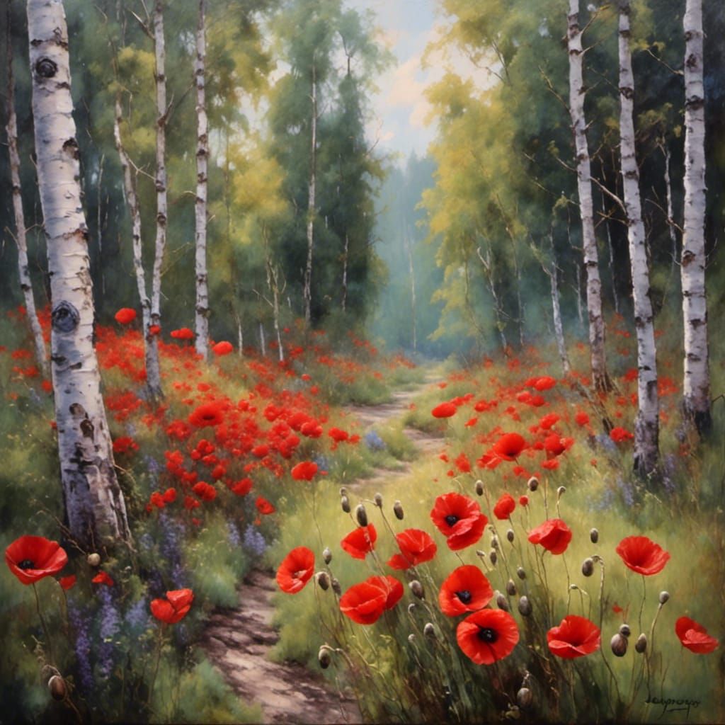 Red Poppies and Birch Trees in Encaustic Style