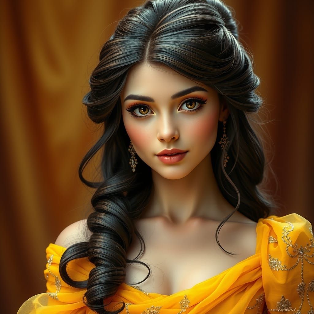 Ethereal Belle in Golden Ballgown, Radiating Intelligence an...
