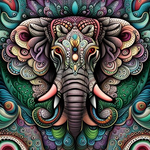 Intricate Elephant Face with Fractal and Floral Elements