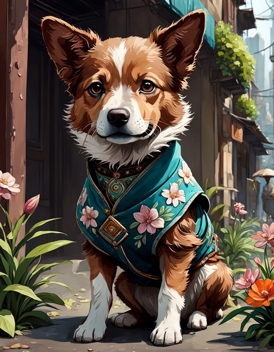 Vibrant Fijian Street Dog in Floral Spring Attire