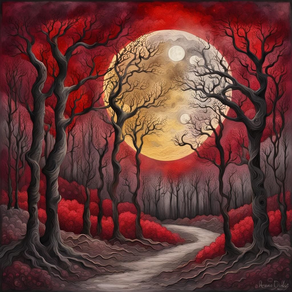 Ethereal Moonrise Behind Arabesque Forest in Impasto Style