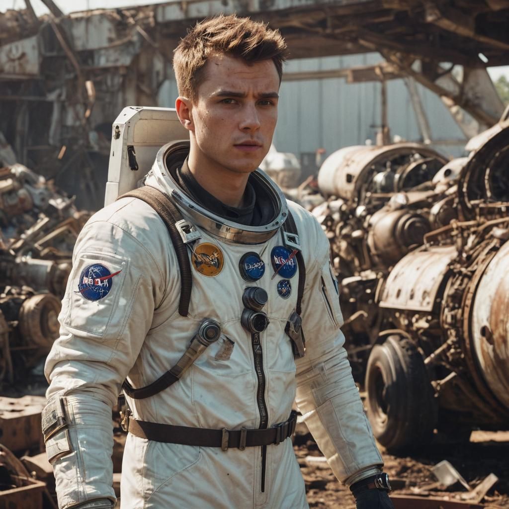Spacesuit Repair in Junkyard: Cinematic Film Still