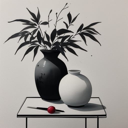 Elegant Sumi-e Still Life with Fruit and Vase