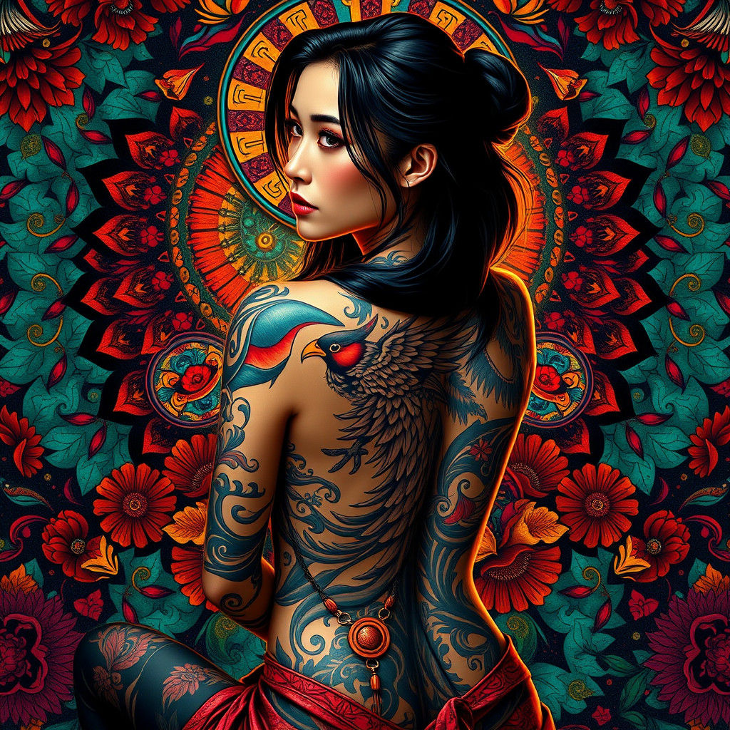 Indonesian Woman with Tiger and Garuda Tattoo