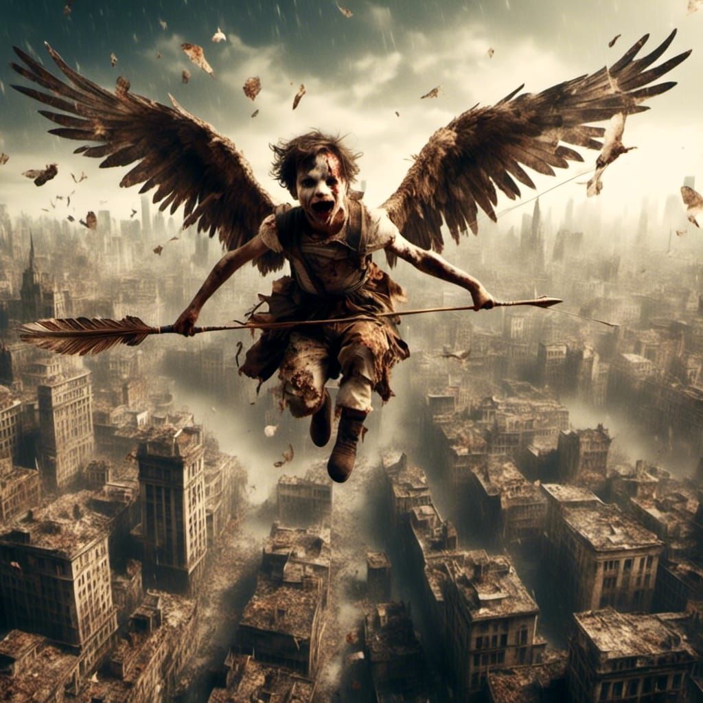 Hyperrealistic Cupid Soaring Over City
