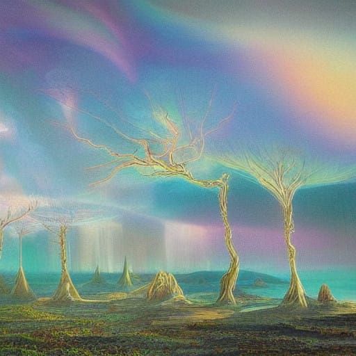 Dreamlike Floating Isles in Iridescent Mist