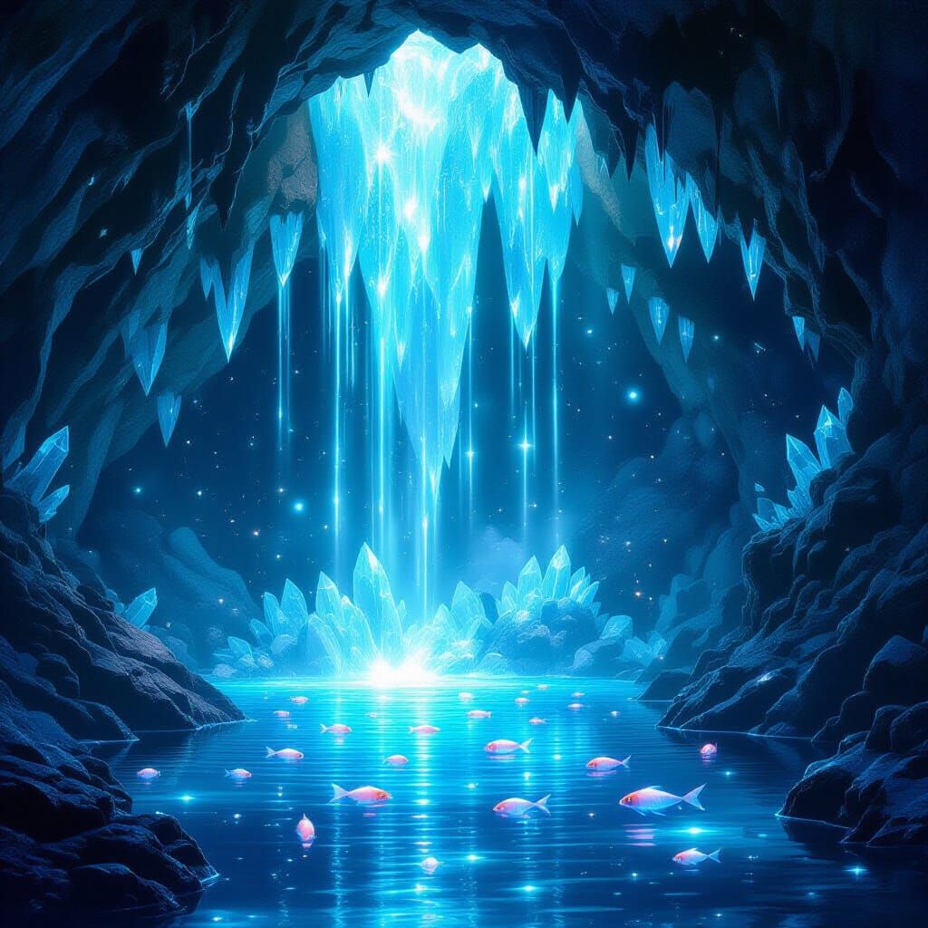 Bioluminescent Grotto with Starlight Waterfall: Anime Art