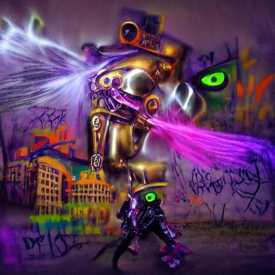 Robot Overlord Versus Purple Demon in Steampunk Graffiti