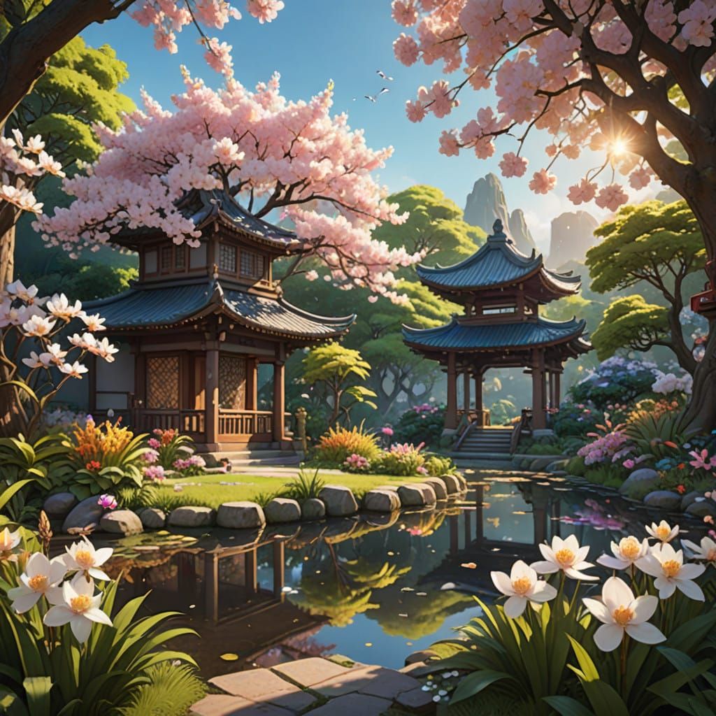Vibrant Spring Garden in 8K Anime Style