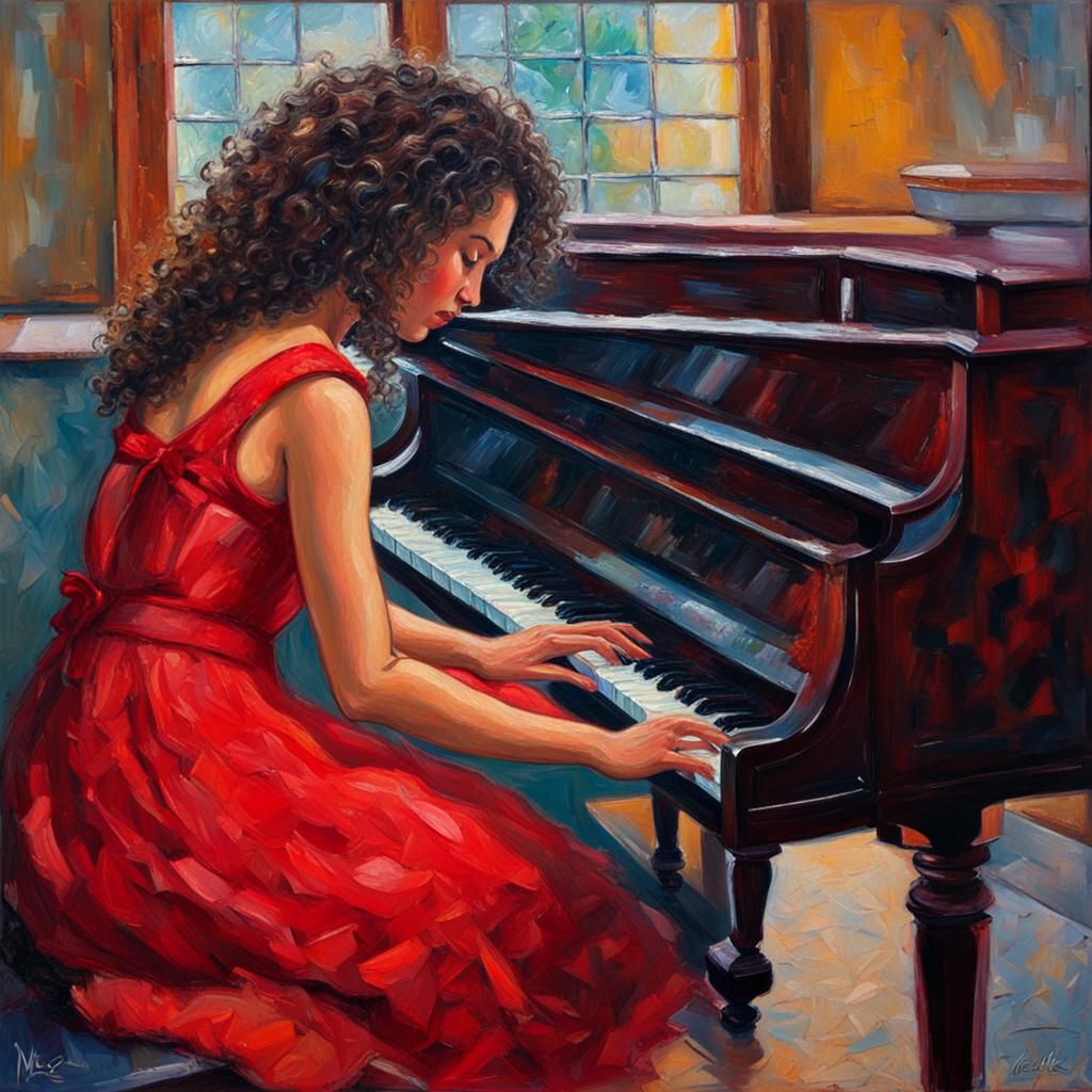 Girl in Red Dress Plays Piano: Expressionist Oil Painting