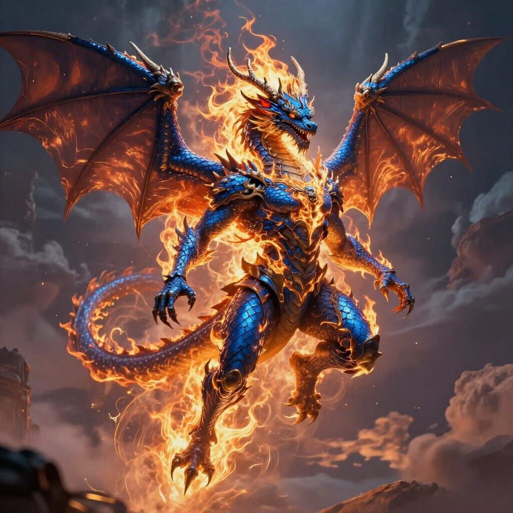 Fearsome Blue Dragon Soaring in Fiery Sky