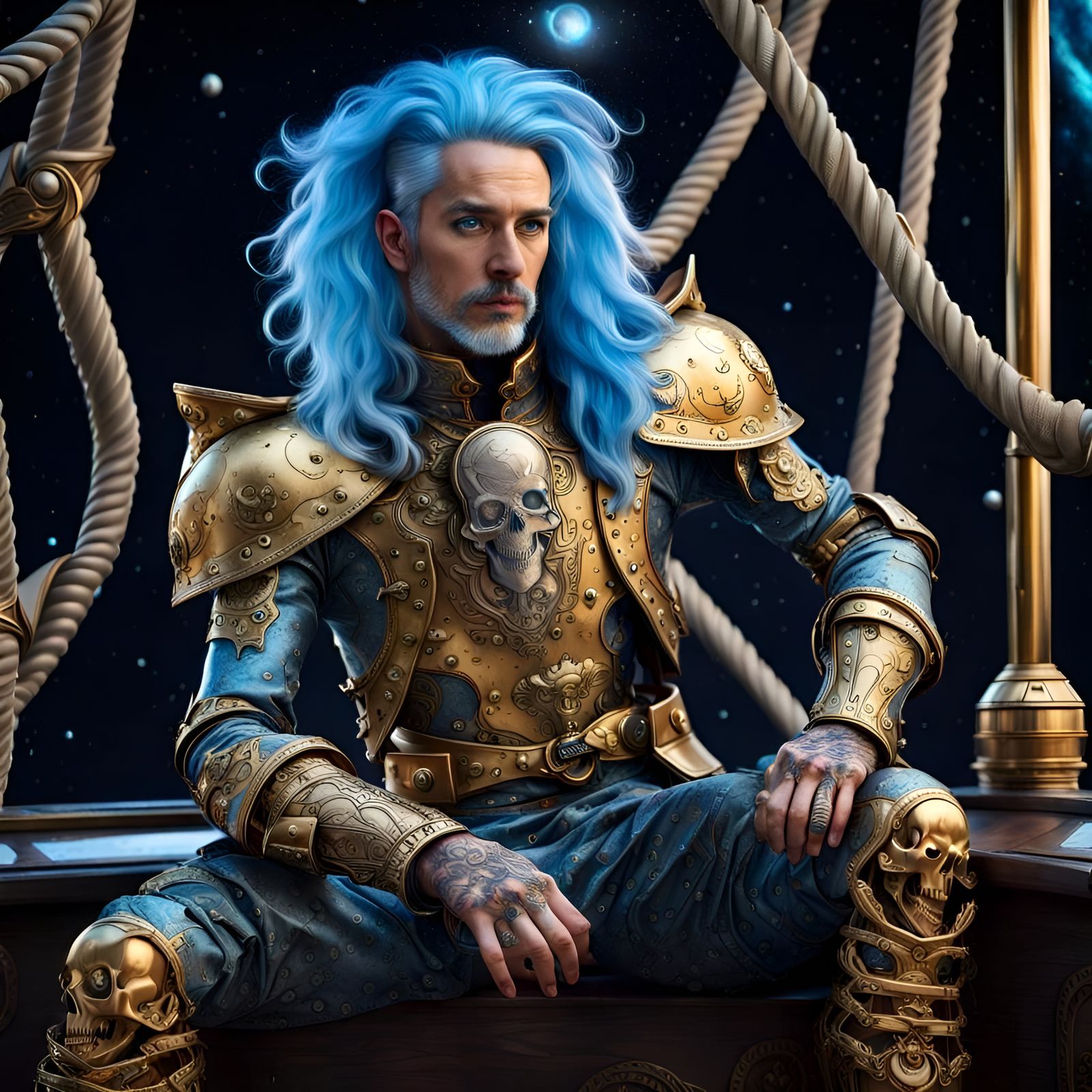 Blue-Haired Cyborg Pirate in Victorian Armor
