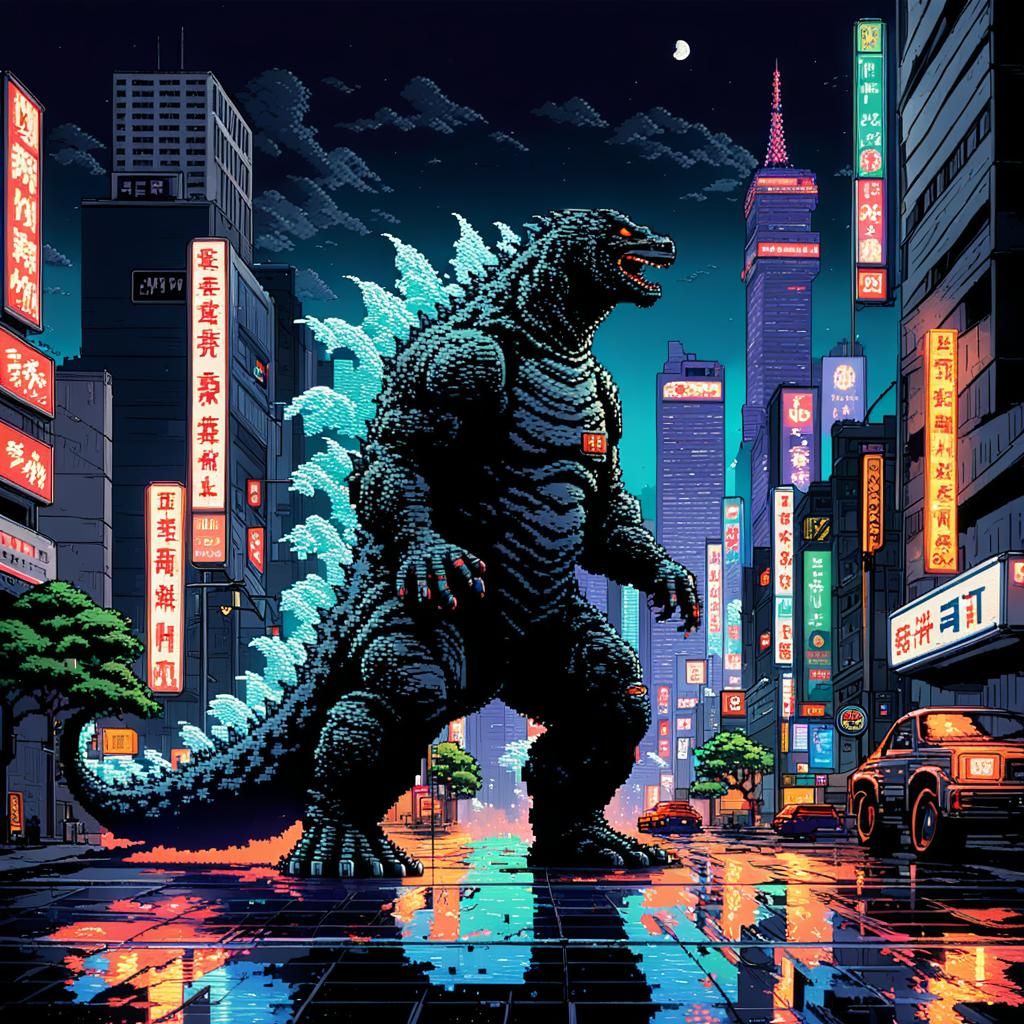 Godzilla Destroys Tokyo in Retro Pixel Art