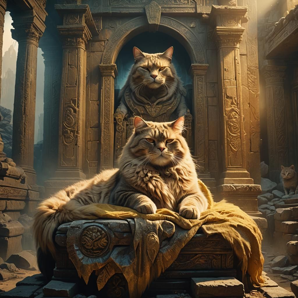 Fat Cat on Throne in Ruined Temple