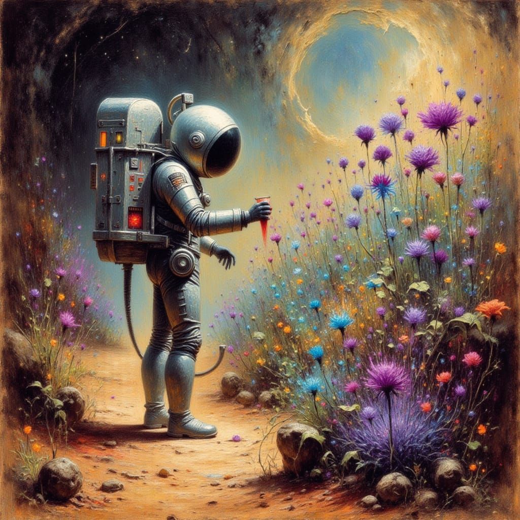 Astronaut Tends Alien Garden on Desolate Planet